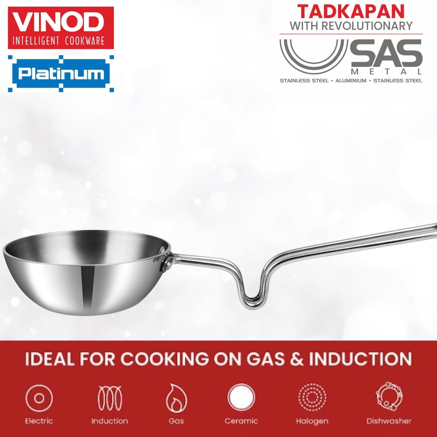 Vinod Triply Stainless Steel Tadka Pan, Balance Design Handle, Vagar Pan for Spice Tempering/Seasoning, Chauk Tadka Pan Induction Base - 5 Year Warranty