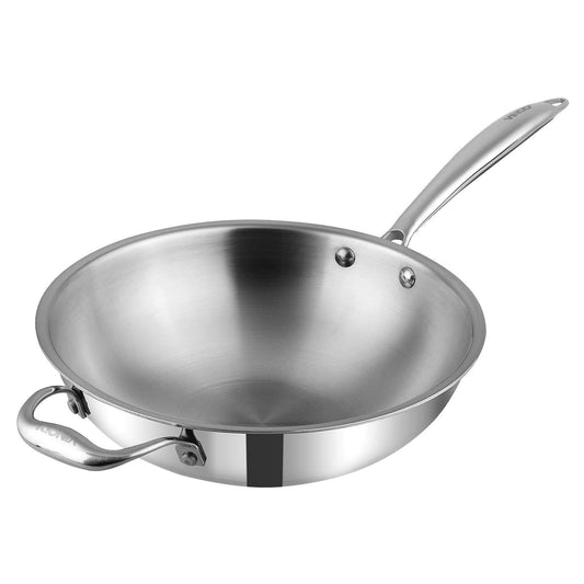 Vinod Platinum Triply Stainless Steel Wok - 3 Litre, 26 cm | Riveted Handle | Stir, Shallow Fry/Noodles/Curry/Fried Rice | Induction Base | 5 Year Warranty - Silver