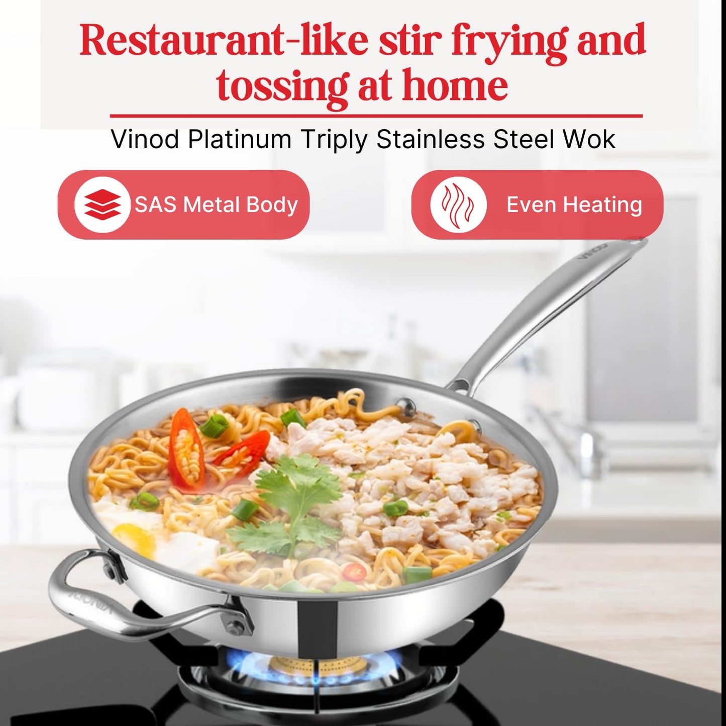 Vinod Platinum Triply Stainless Steel Wok - 3 Litre, 26 cm | Riveted Handle | Stir, Shallow Fry/Noodles/Curry/Fried Rice | Induction Base | 5 Year Warranty - Silver