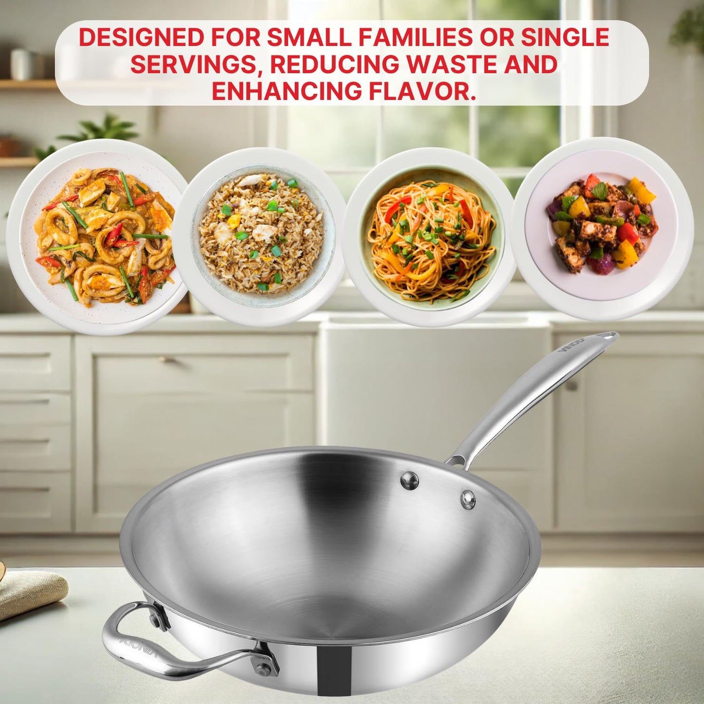 Vinod Platinum Triply Stainless Steel Wok - 3 Litre, 26 cm | Riveted Handle | Stir, Shallow Fry/Noodles/Curry/Fried Rice | Induction Base | 5 Year Warranty - Silver