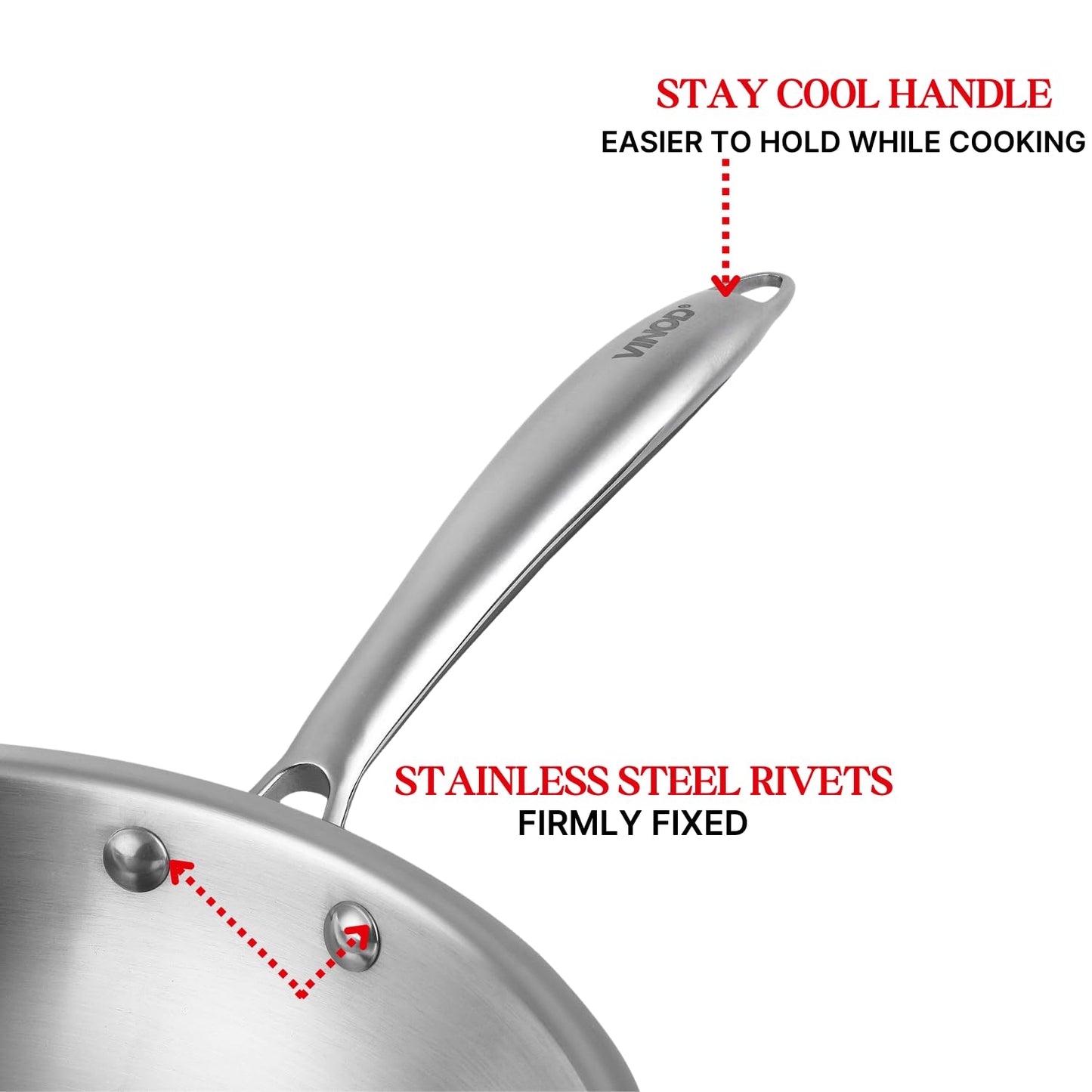 Vinod Platinum Triply Stainless Steel Wok - 3 Litre, 26 cm | Riveted Handle | Stir, Shallow Fry/Noodles/Curry/Fried Rice | Induction Base | 5 Year Warranty - Silver