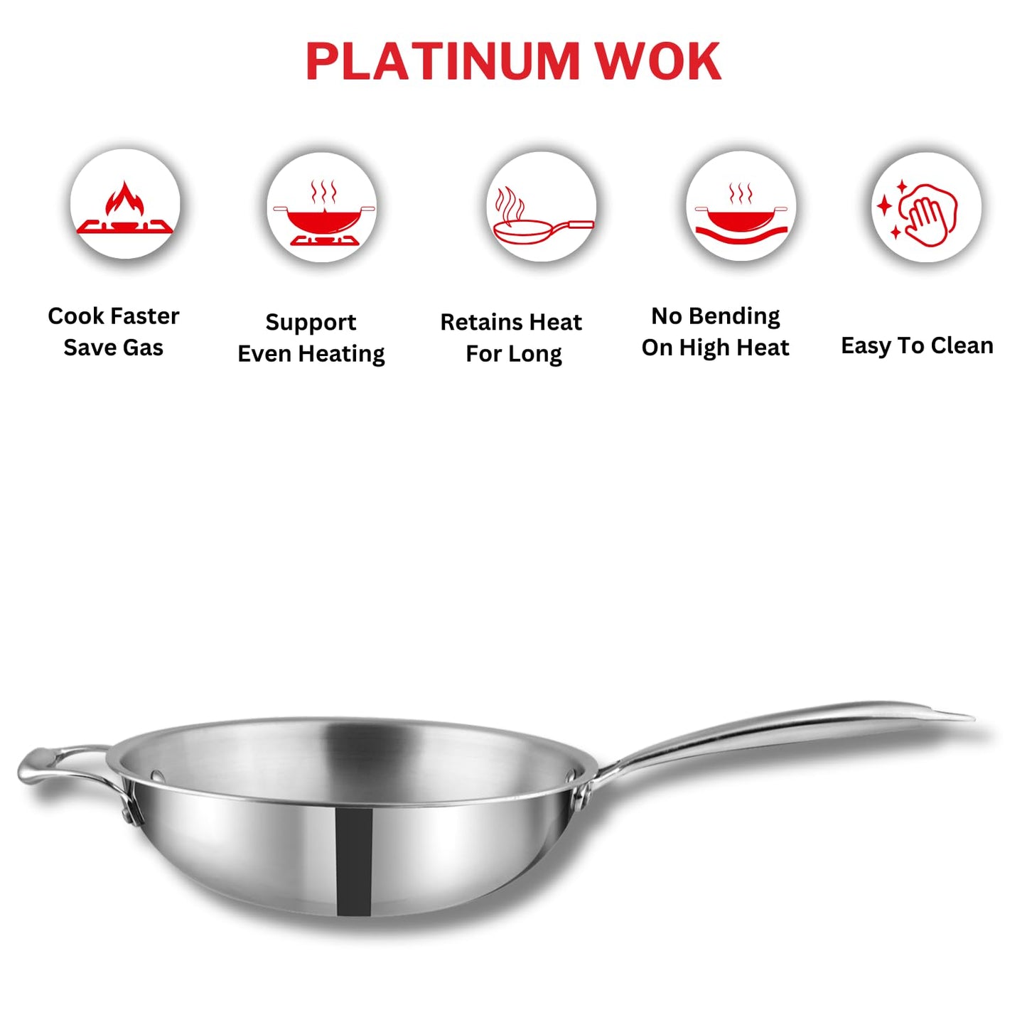 Vinod Platinum Triply Stainless Steel Wok - 3 Litre, 26 cm | Riveted Handle | Stir, Shallow Fry/Noodles/Curry/Fried Rice | Induction Base | 5 Year Warranty - Silver