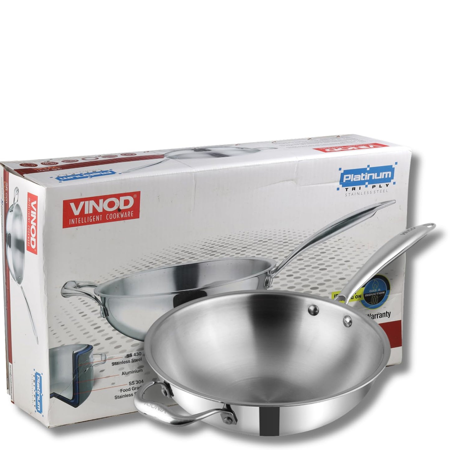 Vinod Platinum Triply Stainless Steel Wok - 3 Litre, 26 cm | Riveted Handle | Stir, Shallow Fry/Noodles/Curry/Fried Rice | Induction Base | 5 Year Warranty - Silver