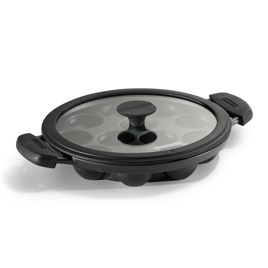 Tramontina Titanex 26 cm Pre-Seasoned Cast Iron Paniyaram/Appe Pan – 12 Pits, Non-Toxic, Induction Ready, Toughned Glass Lid w/Steam Release Lining, Snap-on Cool Touch Grips, Superior Heat Retention