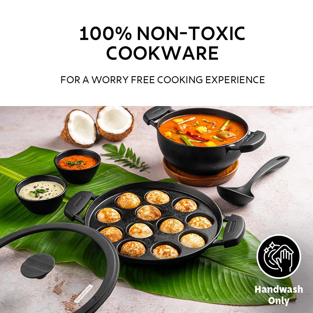 Tramontina Titanex 26 cm Pre-Seasoned Cast Iron Paniyaram/Appe Pan – 12 Pits, Non-Toxic, Induction Ready, Toughned Glass Lid w/Steam Release Lining, Snap-on Cool Touch Grips, Superior Heat Retention