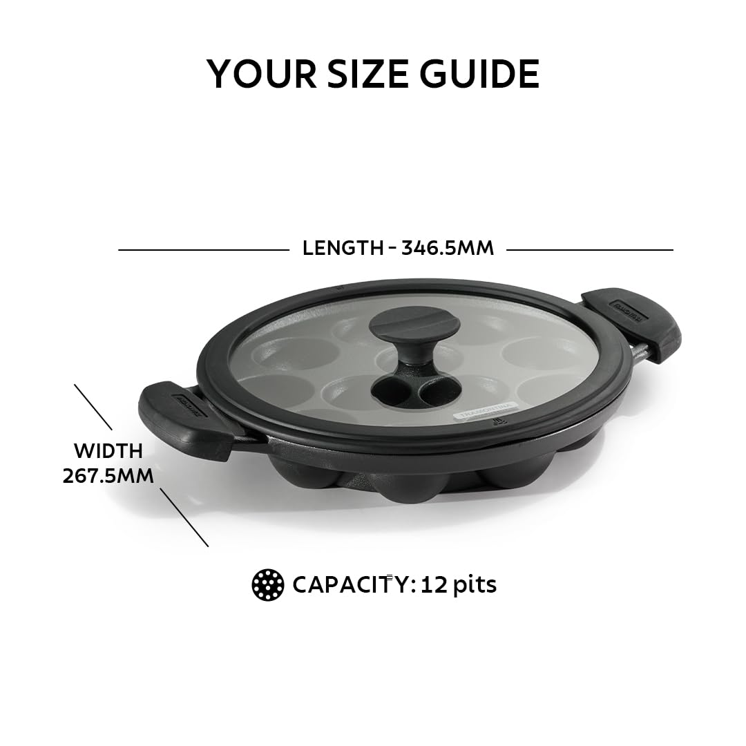 Tramontina Titanex 26 cm Pre-Seasoned Cast Iron Paniyaram/Appe Pan – 12 Pits, Non-Toxic, Induction Ready, Toughned Glass Lid w/Steam Release Lining, Snap-on Cool Touch Grips, Superior Heat Retention