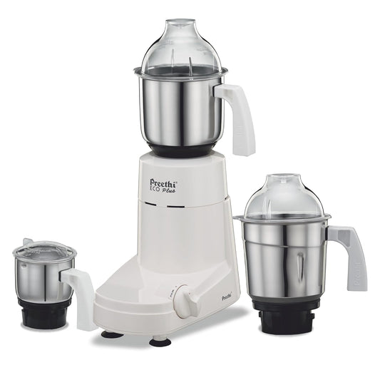 Preethi Eco Plus MG-138 110V, 550 Watt Mixer Grinder with 3 Jars (0.4L Chutney grinding Jar + 1.0L dry grinding Jar + 1.5L Wet grinding Jar, Stainless Steel) with 1 Yrs Motor warranty, White