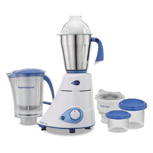 Preethi Platinum Mixer Grinder for Kitchen|110V, 550W, Mixie, 3 Jars | Super Extractor Juicer Jar with 2 Air-Tight Containers, White/Blue(MG-153)