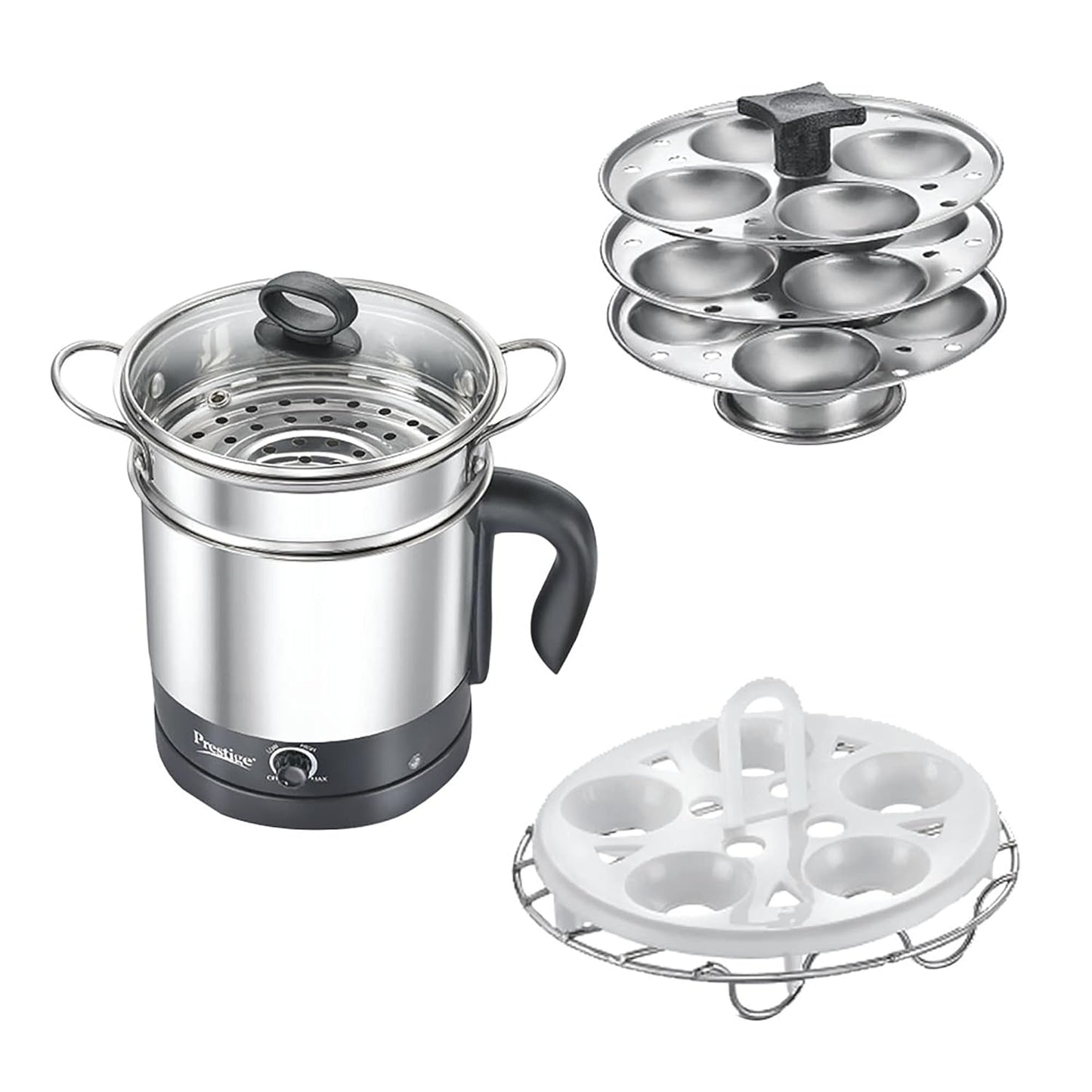 Prestige 1.5L PMC 3.0 Plus Multi Kettle/Multi Cooker|Comes with Idli stand, egg boiling rack & Steamer| Glass Lid with Stainless Steel rim|Temperature Control |Power Indicator (Silver, Black)