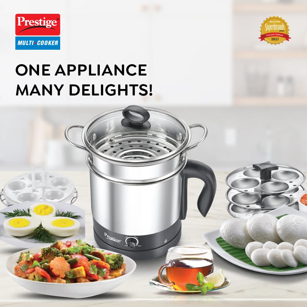 Prestige 1.5L PMC 3.0 Plus Multi Kettle/Multi Cooker|Comes with Idli stand, egg boiling rack & Steamer| Glass Lid with Stainless Steel rim|Temperature Control |Power Indicator (Silver, Black)