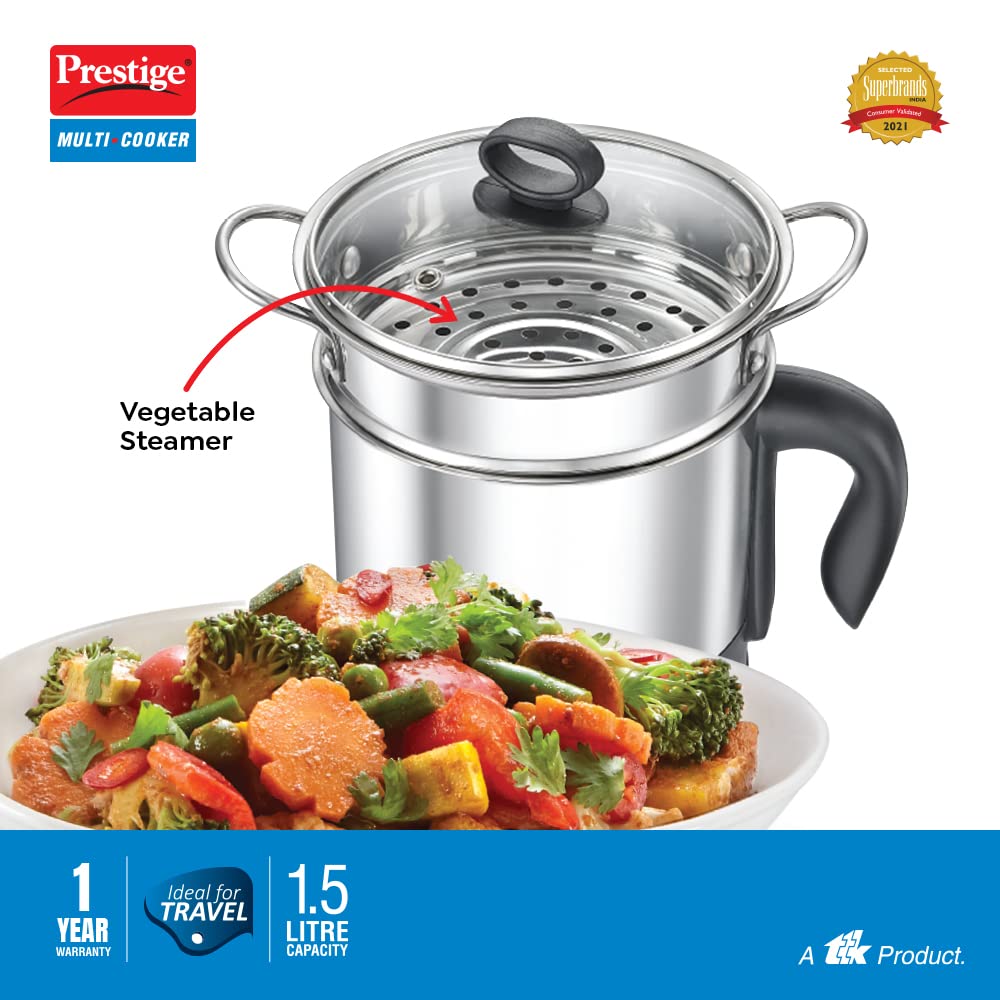 Prestige 1.5L PMC 3.0 Plus Multi Kettle/Multi Cooker|Comes with Idli stand, egg boiling rack & Steamer| Glass Lid with Stainless Steel rim|Temperature Control |Power Indicator (Silver, Black)