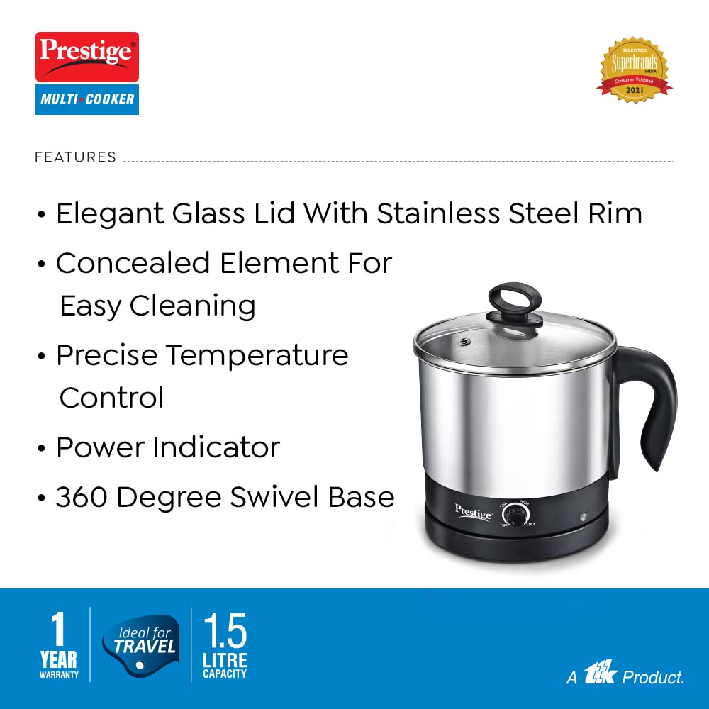 Prestige 1.5L PMC 3.0 Plus Multi Kettle/Multi Cooker|Comes with Idli stand, egg boiling rack & Steamer| Glass Lid with Stainless Steel rim|Temperature Control |Power Indicator (Silver, Black)