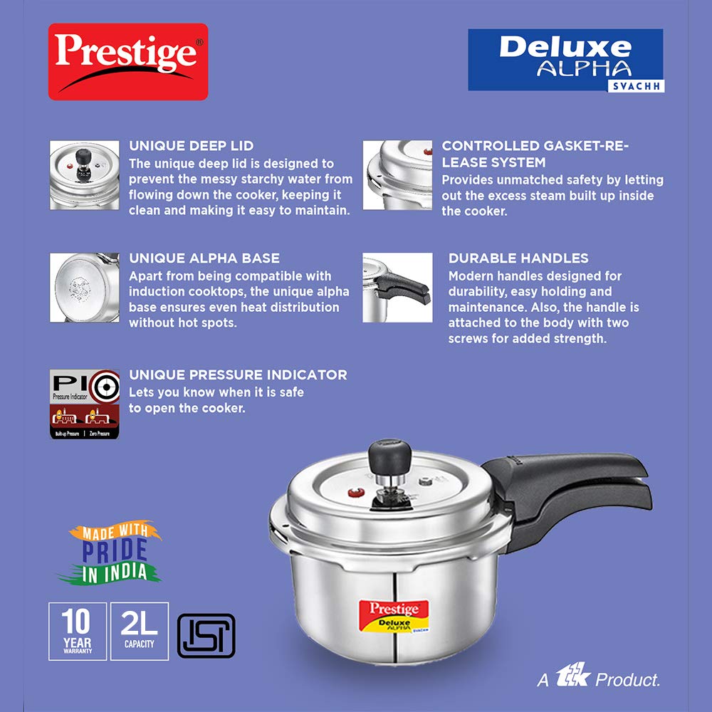 Prestige Svachh Deluxe Alpha Stainless Steel Outer Lid Pressure Cookers, Silver,