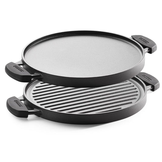 Tramontina Titanex 30 cm Pre-Seasoned Cast Iron Reversible Grill Pan/Tawa, Non-Toxic, Snap-on Cool Touch Grips, Long Heat Retention, Ridges for Texture & Fat Release, Spill-Free Cooking w/Side Wall