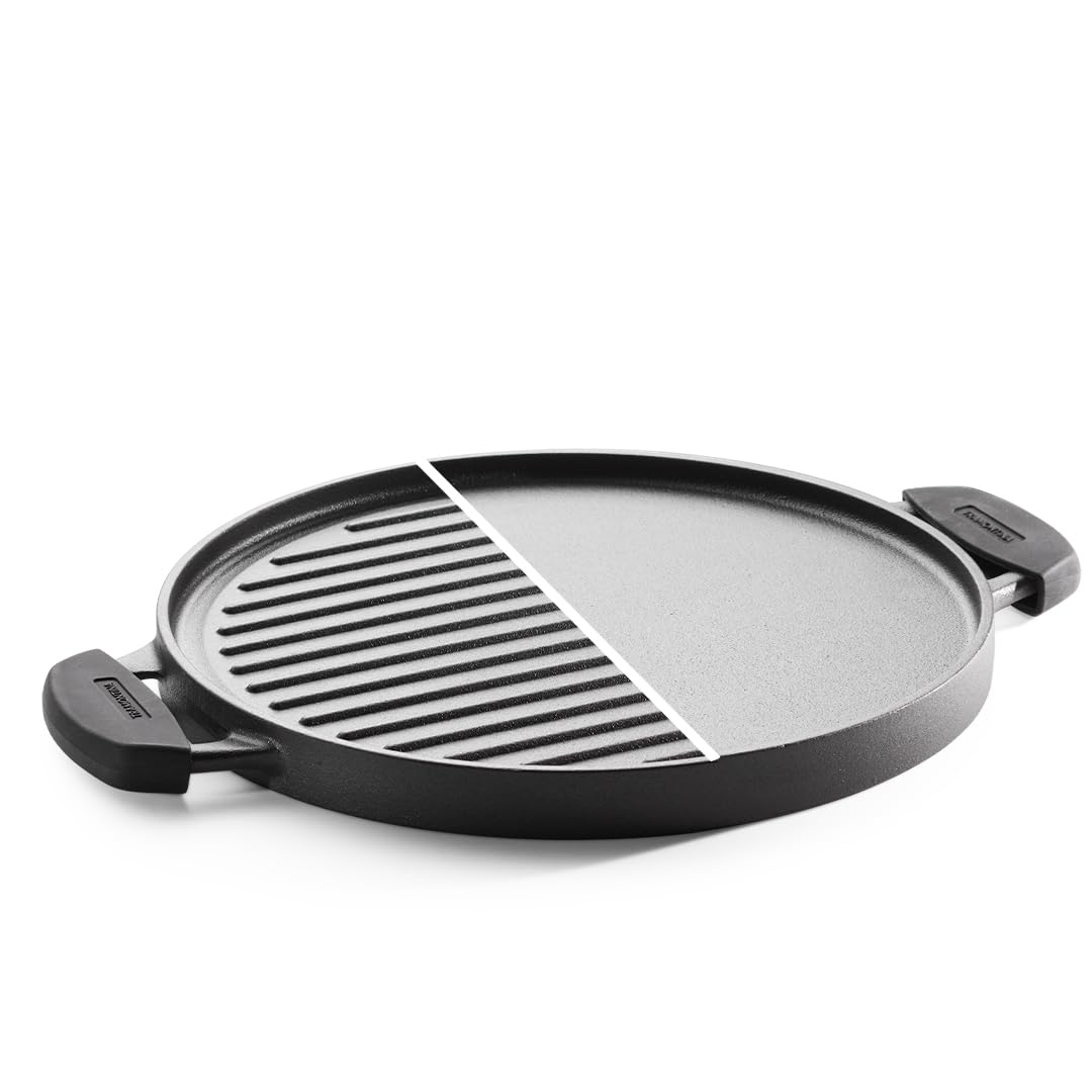 Tramontina Titanex 30 cm Pre-Seasoned Cast Iron Reversible Grill Pan/Tawa, Non-Toxic, Snap-on Cool Touch Grips, Long Heat Retention, Ridges for Texture & Fat Release, Spill-Free Cooking w/Side Wall