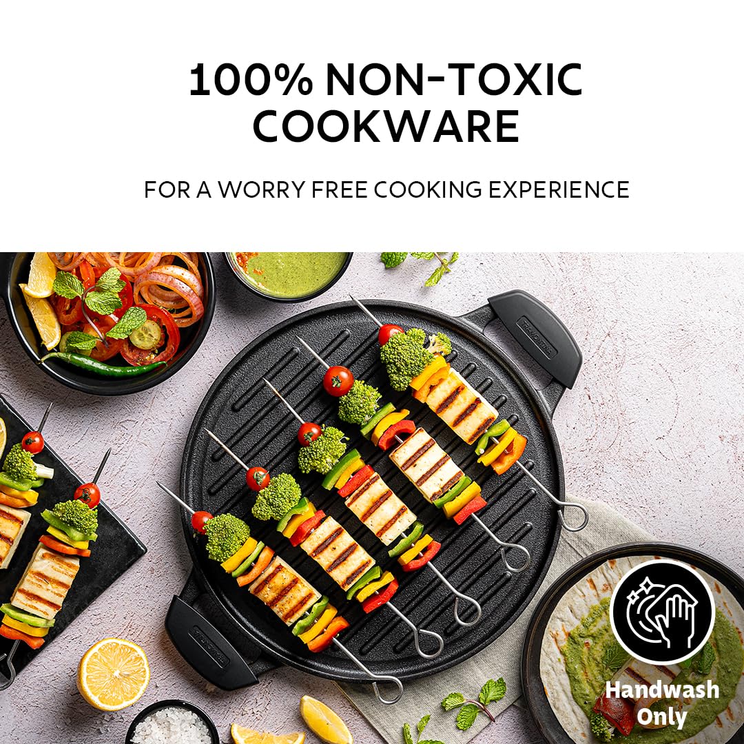 Tramontina Titanex 30 cm Pre-Seasoned Cast Iron Reversible Grill Pan/Tawa, Non-Toxic, Snap-on Cool Touch Grips, Long Heat Retention, Ridges for Texture & Fat Release, Spill-Free Cooking w/Side Wall