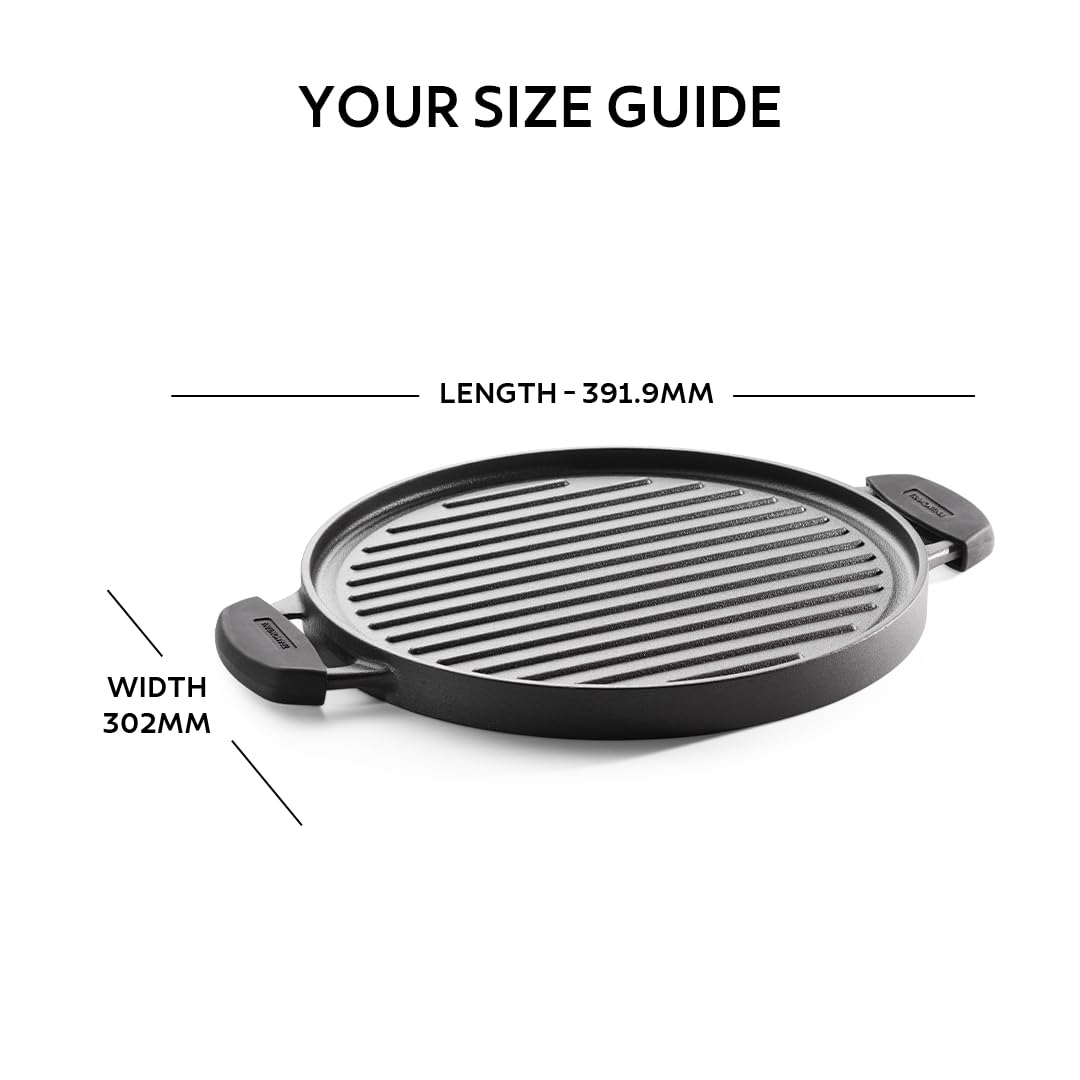 Tramontina Titanex 30 cm Pre-Seasoned Cast Iron Reversible Grill Pan/Tawa, Non-Toxic, Snap-on Cool Touch Grips, Long Heat Retention, Ridges for Texture & Fat Release, Spill-Free Cooking w/Side Wall