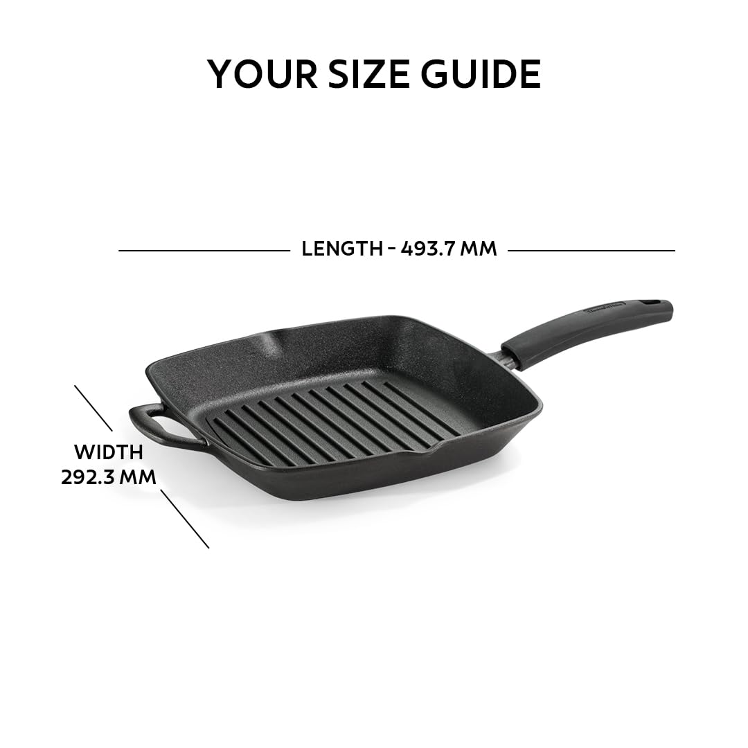 Tramontina Titanex 27 cm Pre-Seasoned Cast Iron Grill Pan, Non-Toxic, Induction Ready, Easy Hold Non-Slip Heat-Resistant Grip, Deep Ridges for Enhanced Texture & Fat Release, Spouts for Easy Deglazing