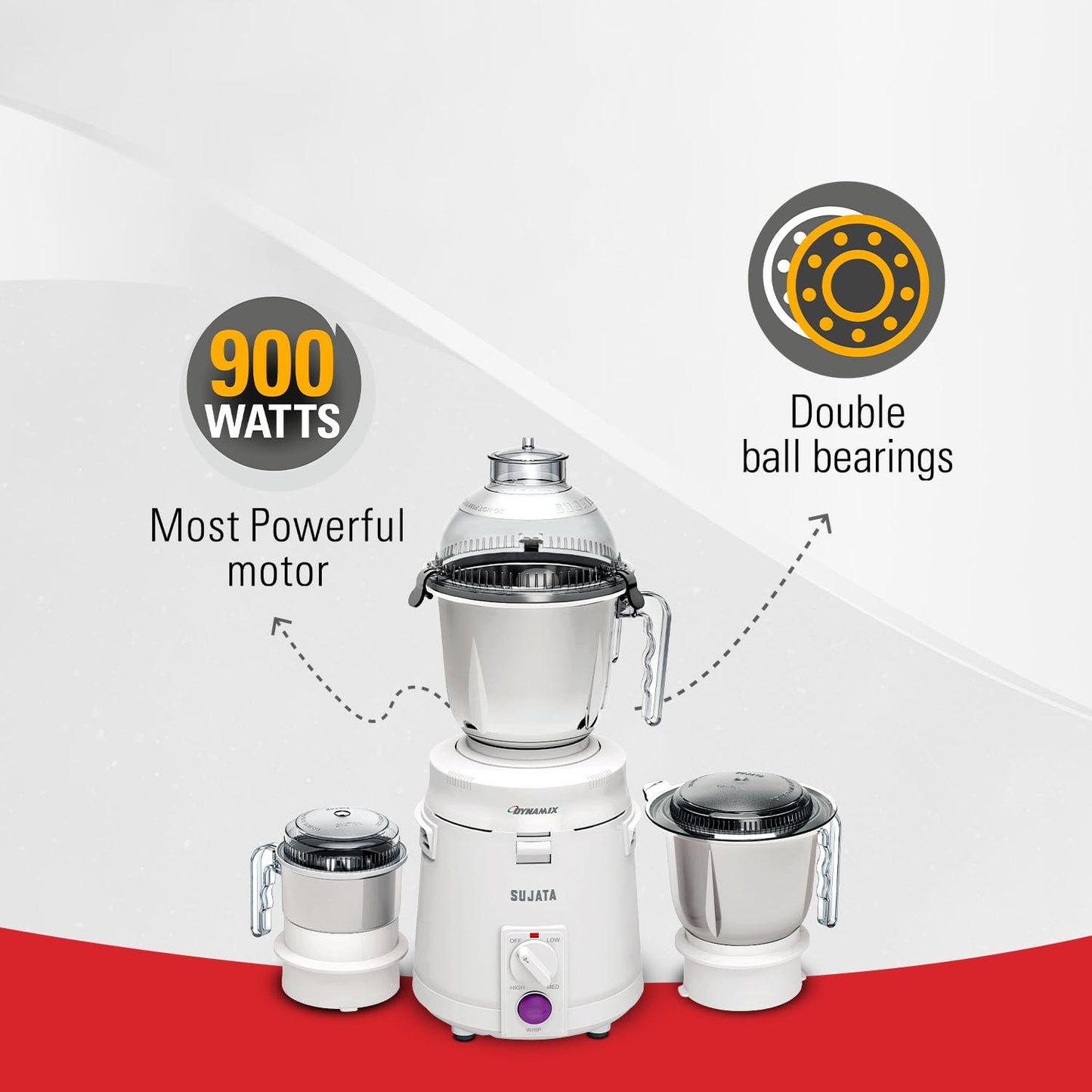 Sujata Dynamix 900 Watts Mixer Grinder | 22000 Rotations Per Min | 90 Minutes Continuous Running | 3 Versatile Jars 1500 ml, 1000 ml and 400 ml