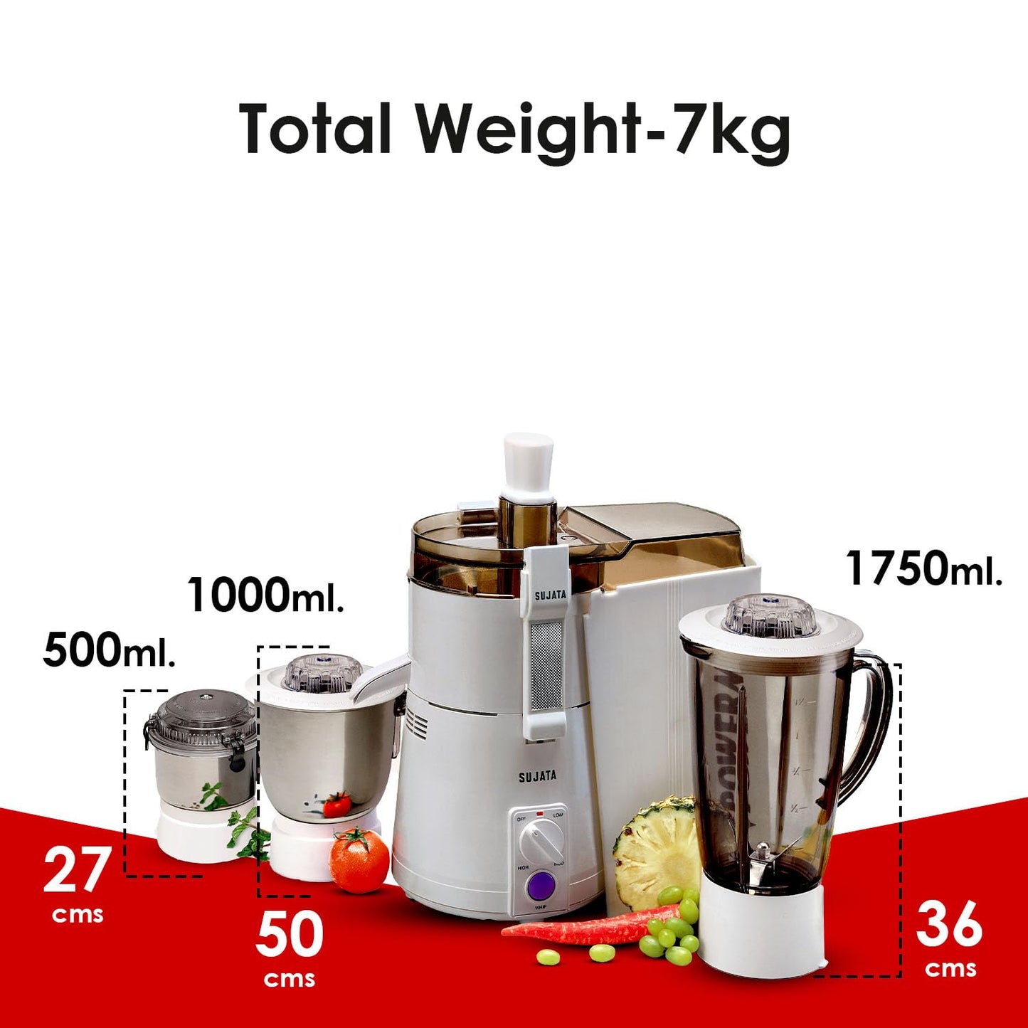 Sujata Powermatic Maxima 900 Watts All-In-One Juicer Mixer Grinder | 22000 Rotations Per Min | 90 Minutes Continuous Running | 3 Versatile Jars 1750 Ml, 1000 Ml And 400 Ml, White