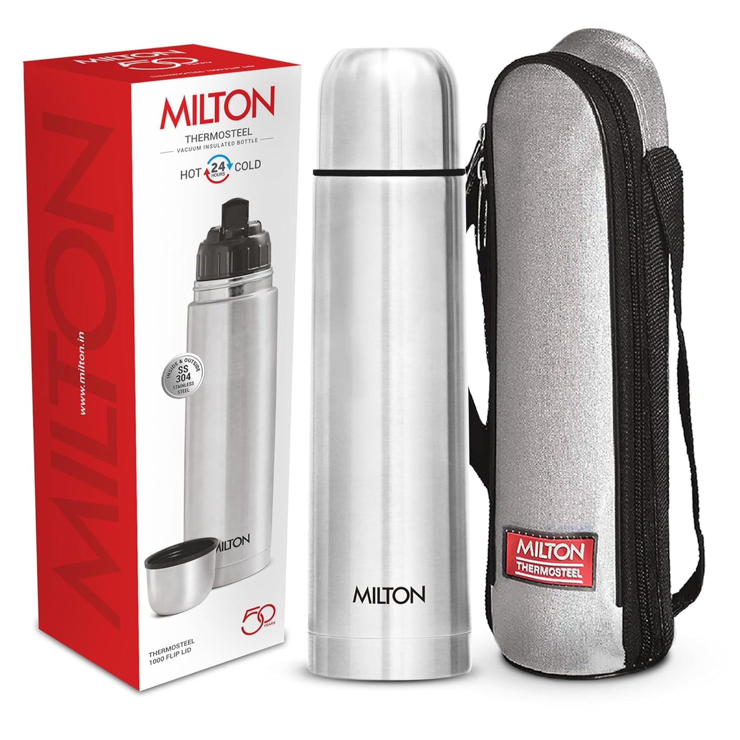 Milton Flip Lid Thermosteel 24 Hours Hot and Cold Water Bottle with Bag, 1 Piece, Silver