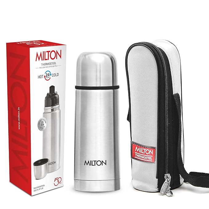 Milton Flip Lid Thermosteel 24 Hours Hot and Cold Water Bottle with Bag, 1 Piece, Silver