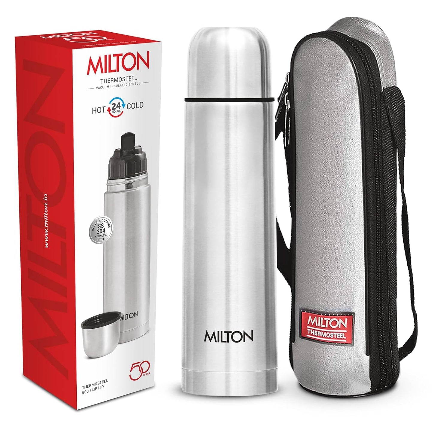 Milton Flip Lid Thermosteel 24 Hours Hot and Cold Water Bottle with Bag, 1 Piece, Silver