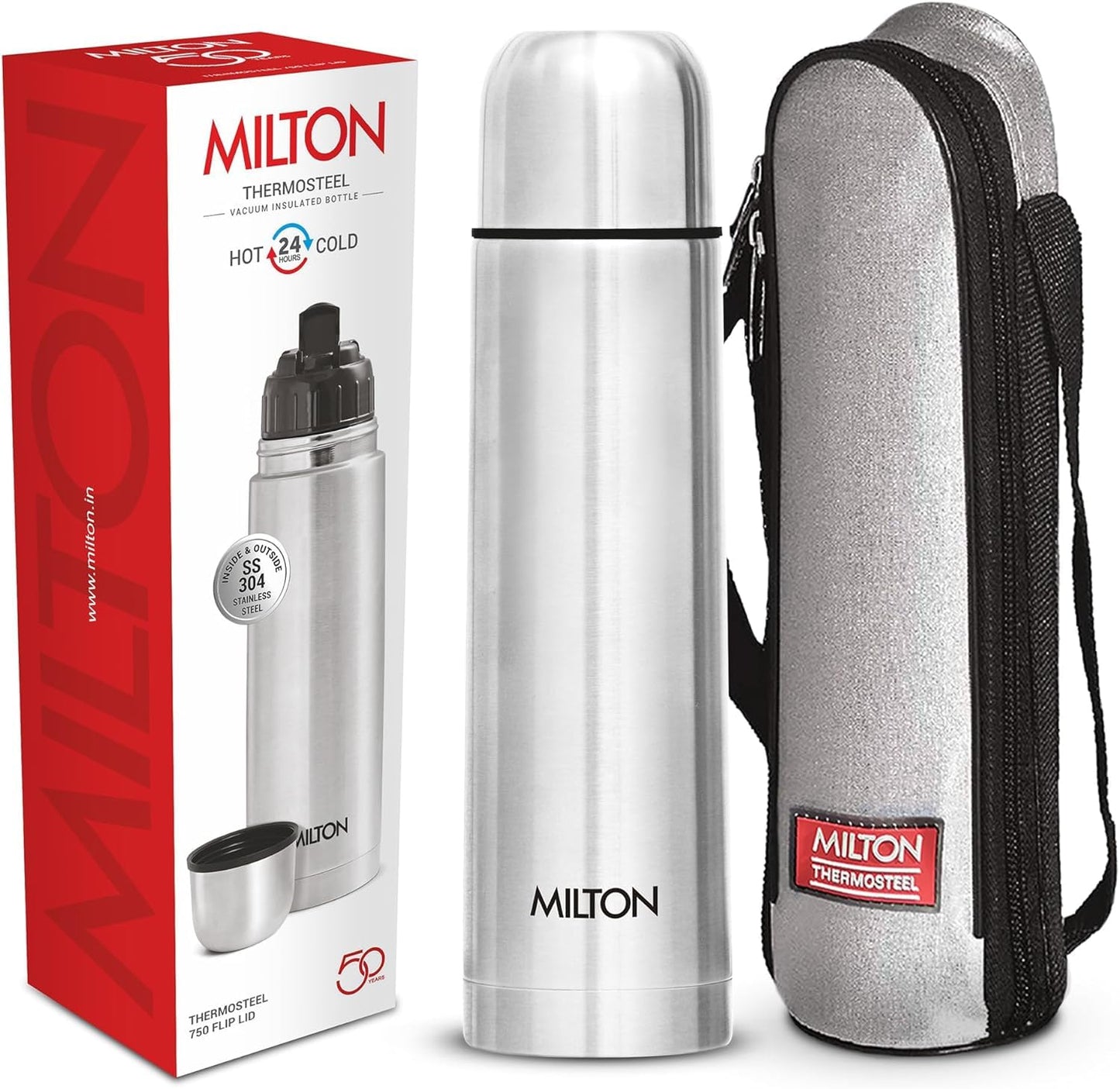 Milton Flip Lid Thermosteel 24 Hours Hot and Cold Water Bottle with Bag, 1 Piece, Silver