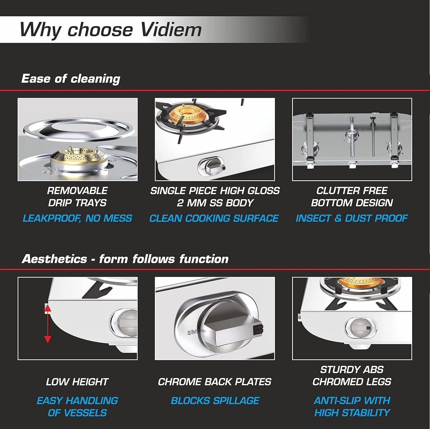 Vidiem Gas Stove S3 225 A Tusker (Silver) | Stainless Steel 3 Burner Gas Stove | Manual Ignition | Safety, Reliability, High Efficiency | ISI Certified