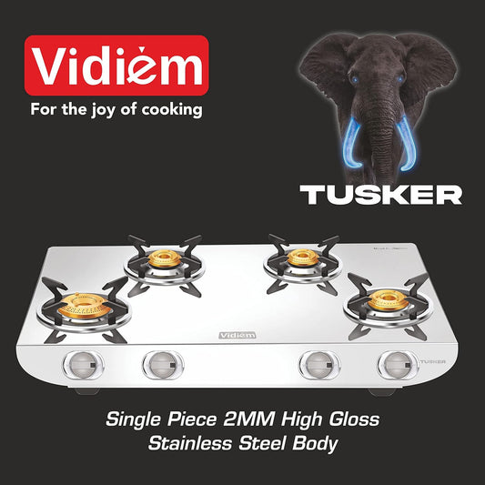 Vidiem Gas Stove S4 236 A Tusker (Black) | Stainless Steel 4 Burner frameless Gas Stove | Manual Ignition | Safety, Reliability, High Efficiency