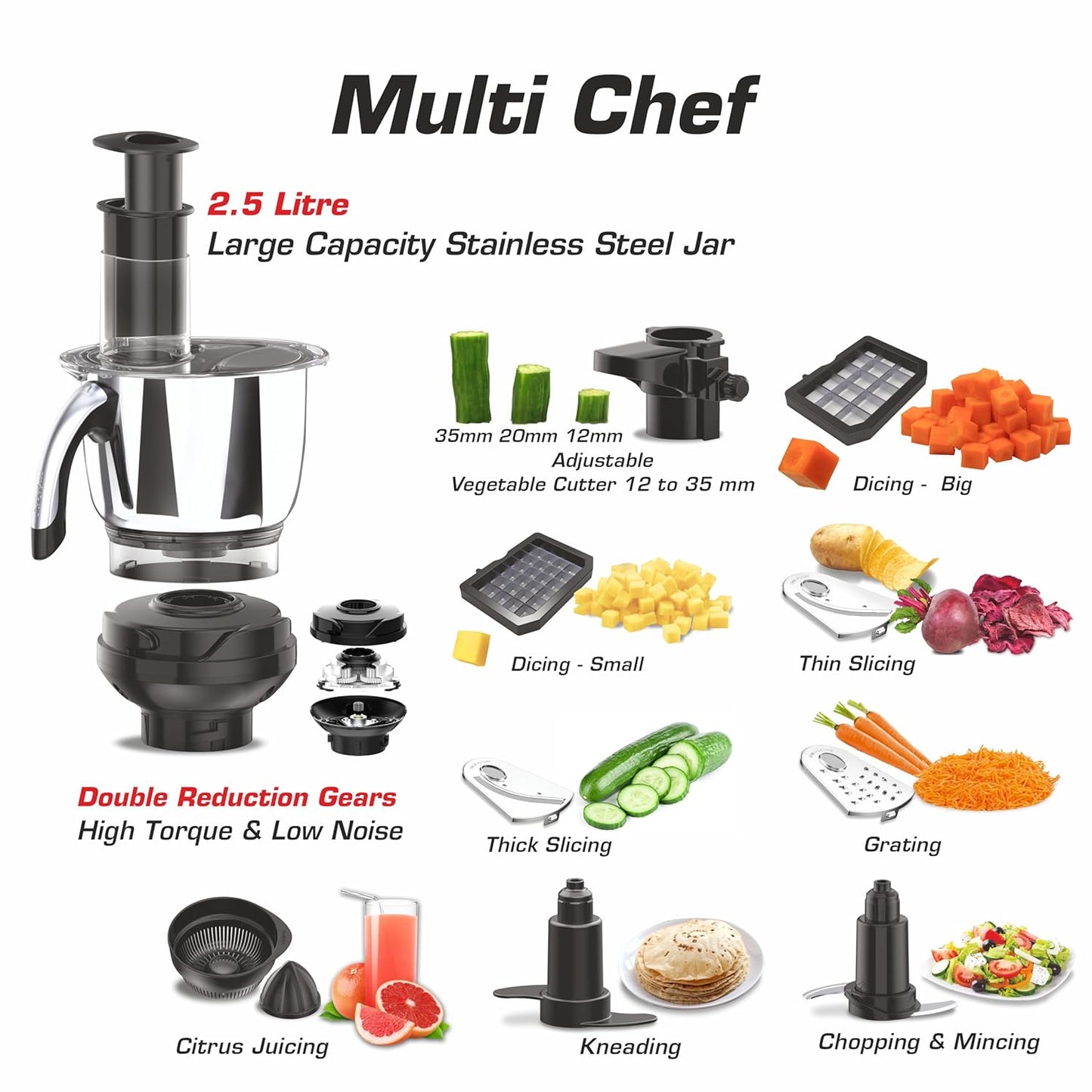 Vidiem Mixer Grinder 608 A Tusker | Mixer grinder 750 watt with 3 Jars & 1 Juicer Mixer Grinder, 1 Multi chef | 4 Leakproof Jars with self-lock for wet & dry spices, chutneys | 5 Years Warranty