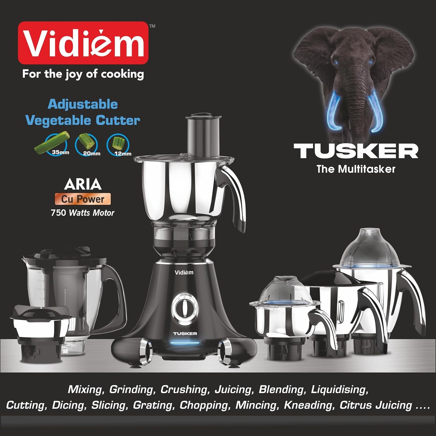 Vidiem Mixer Grinder 608 A Tusker | Mixer grinder 750 watt with 3 Jars & 1 Juicer Mixer Grinder, 1 Multi chef | 4 Leakproof Jars with self-lock for wet & dry spices, chutneys | 5 Years Warranty