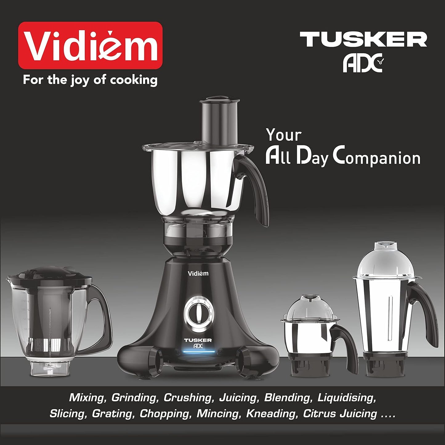 Vidiem Mixer Grinder 616 A Tusker ADC | Mixer grinder 750 watt with 3 jars & 1 Juicer Mixer Grinder, 1 Multi chef | 4 Leakproof Jars with self-lock for wet & dry spices, chutneys | 2 Years Warranty