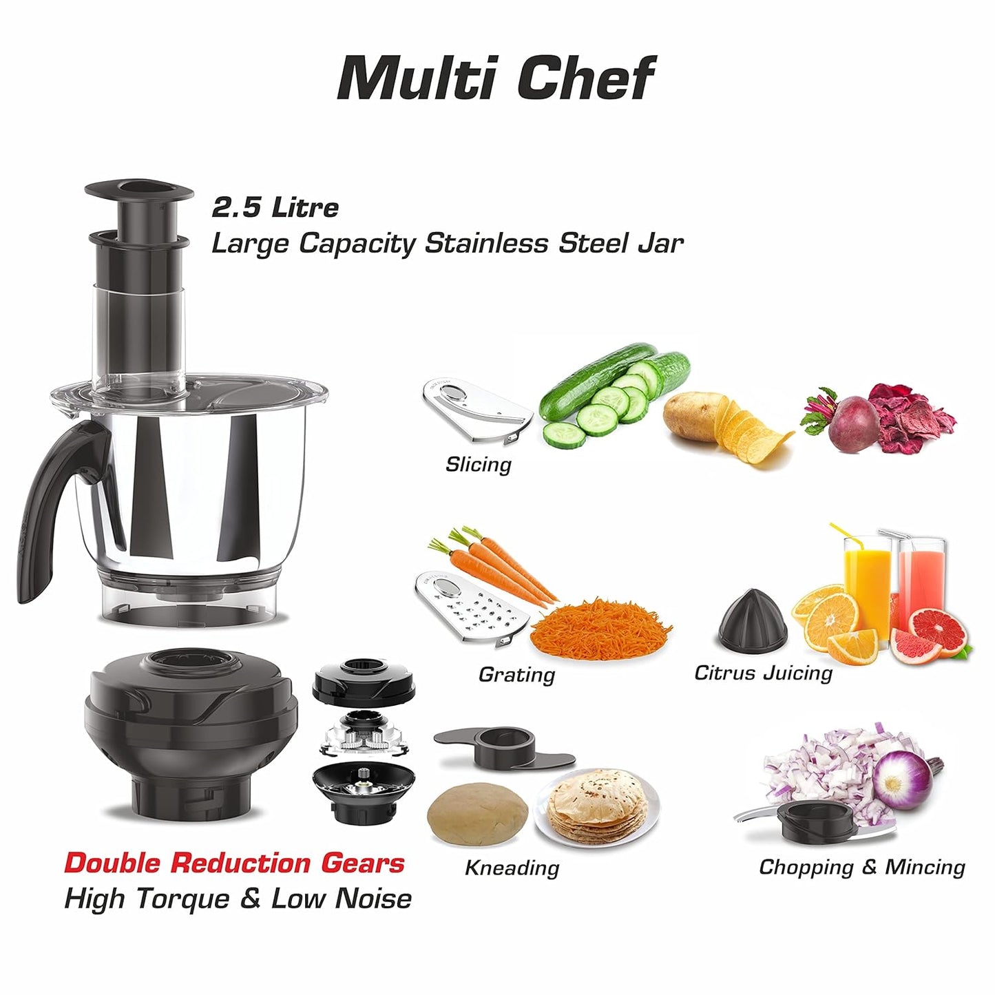 Vidiem Mixer Grinder 616 A Tusker ADC | Mixer grinder 750 watt with 3 jars & 1 Juicer Mixer Grinder, 1 Multi chef | 4 Leakproof Jars with self-lock for wet & dry spices, chutneys | 2 Years Warranty