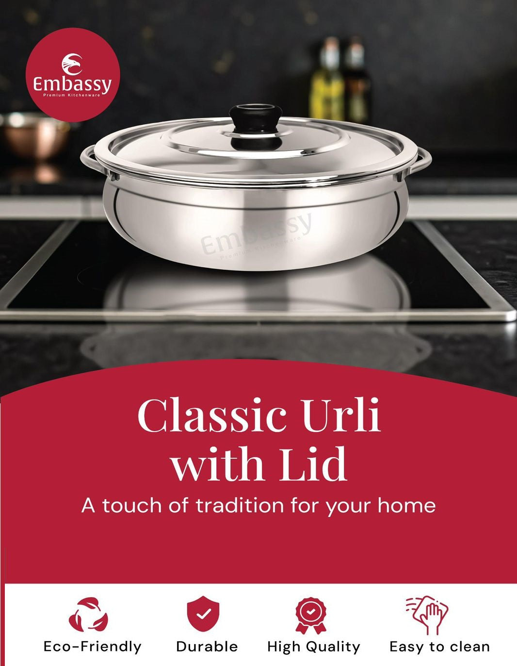 Embassy Stainless steel Classic Urli with Stainless steel Lid / Cooking Pot with Lid