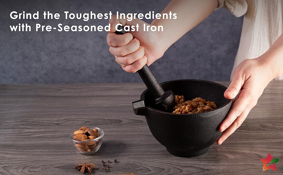 Wonderchef Forza Pre-Seasoned Cast-Iron Mortar & Pestle| Silbatta |Spice, Medicine Grinder Masher| Okhli/Musal/Khalbatta | Ideal for Hand Grinder