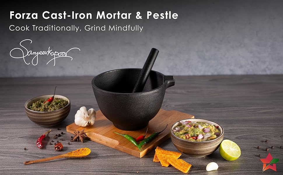 Wonderchef Forza Pre-Seasoned Cast-Iron Mortar & Pestle| Silbatta |Spice, Medicine Grinder Masher| Okhli/Musal/Khalbatta | Ideal for Hand Grinder