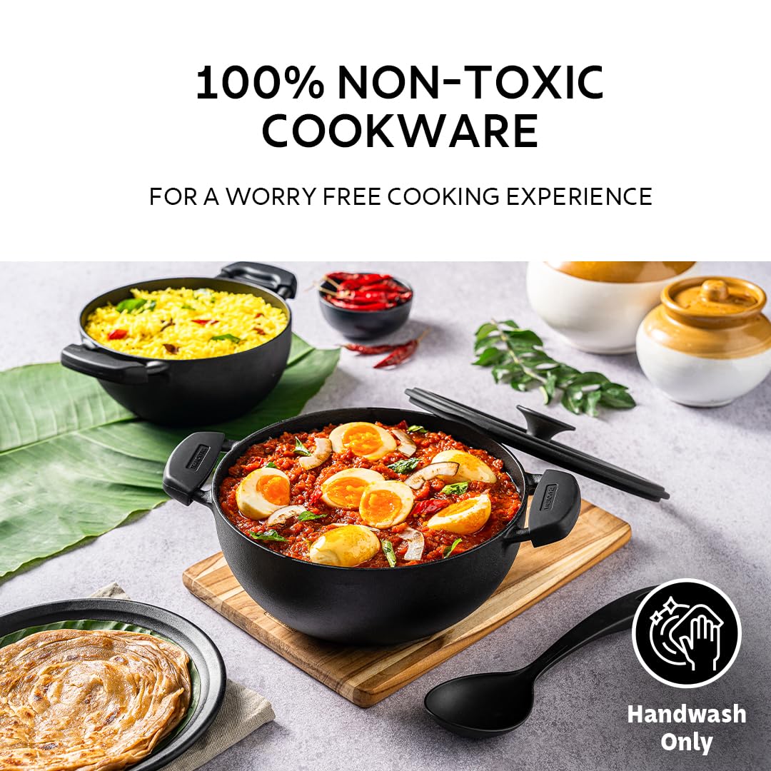 TRAMONTINA Titanex Pre-Seasoned Cast Iron Deep Kadai, Non-Toxic, Induction Ready, Toughned Glass Lid w/Steam Release, Snap-On Cool Touch Grips, Excellent Heat Retention & Even Heating