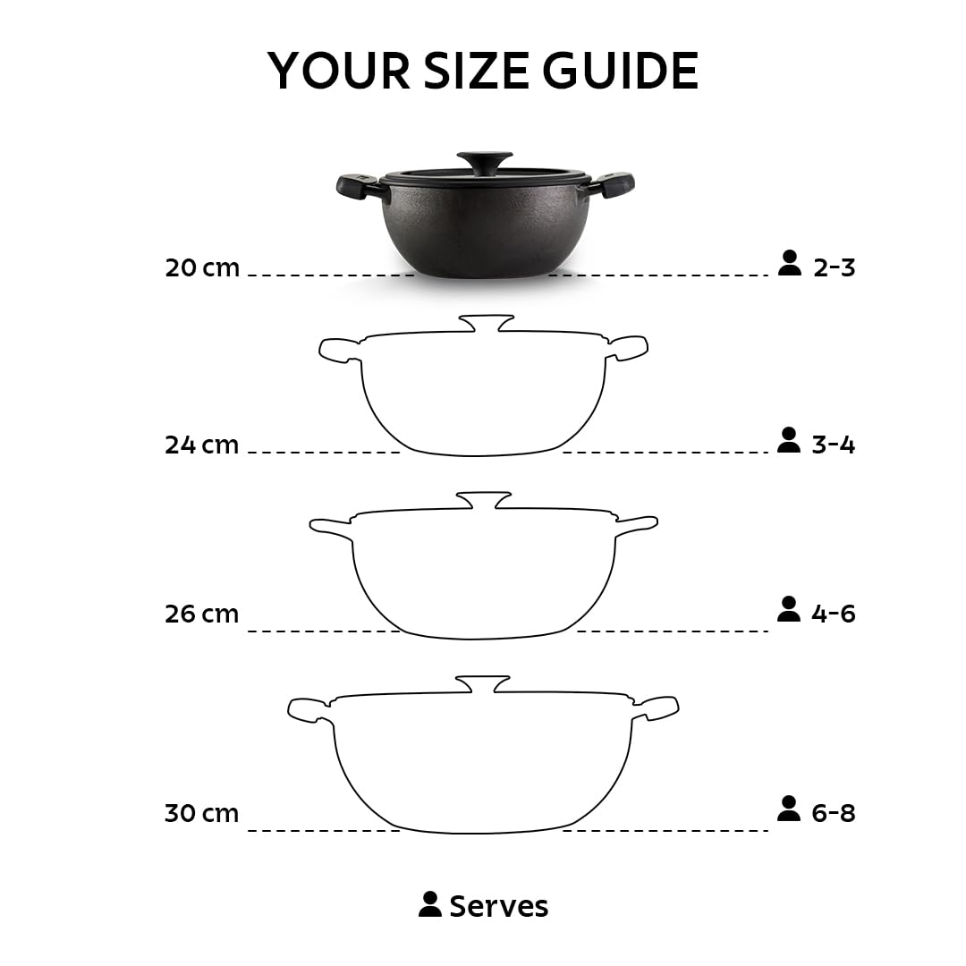 TRAMONTINA Titanex Pre-Seasoned Cast Iron Deep Kadai, Non-Toxic, Induction Ready, Toughned Glass Lid w/Steam Release, Snap-On Cool Touch Grips, Excellent Heat Retention & Even Heating