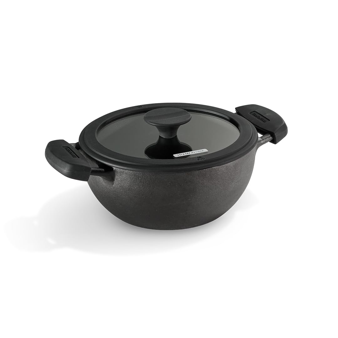 TRAMONTINA Titanex Pre-Seasoned Cast Iron Deep Kadai, Non-Toxic, Induction Ready, Toughned Glass Lid w/Steam Release, Snap-On Cool Touch Grips, Excellent Heat Retention & Even Heating