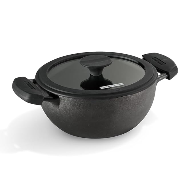 TRAMONTINA Titanex Pre-Seasoned Cast Iron Deep Kadai, Non-Toxic, Induction Ready, Toughned Glass Lid w/Steam Release, Snap-On Cool Touch Grips, Excellent Heat Retention & Even Heating