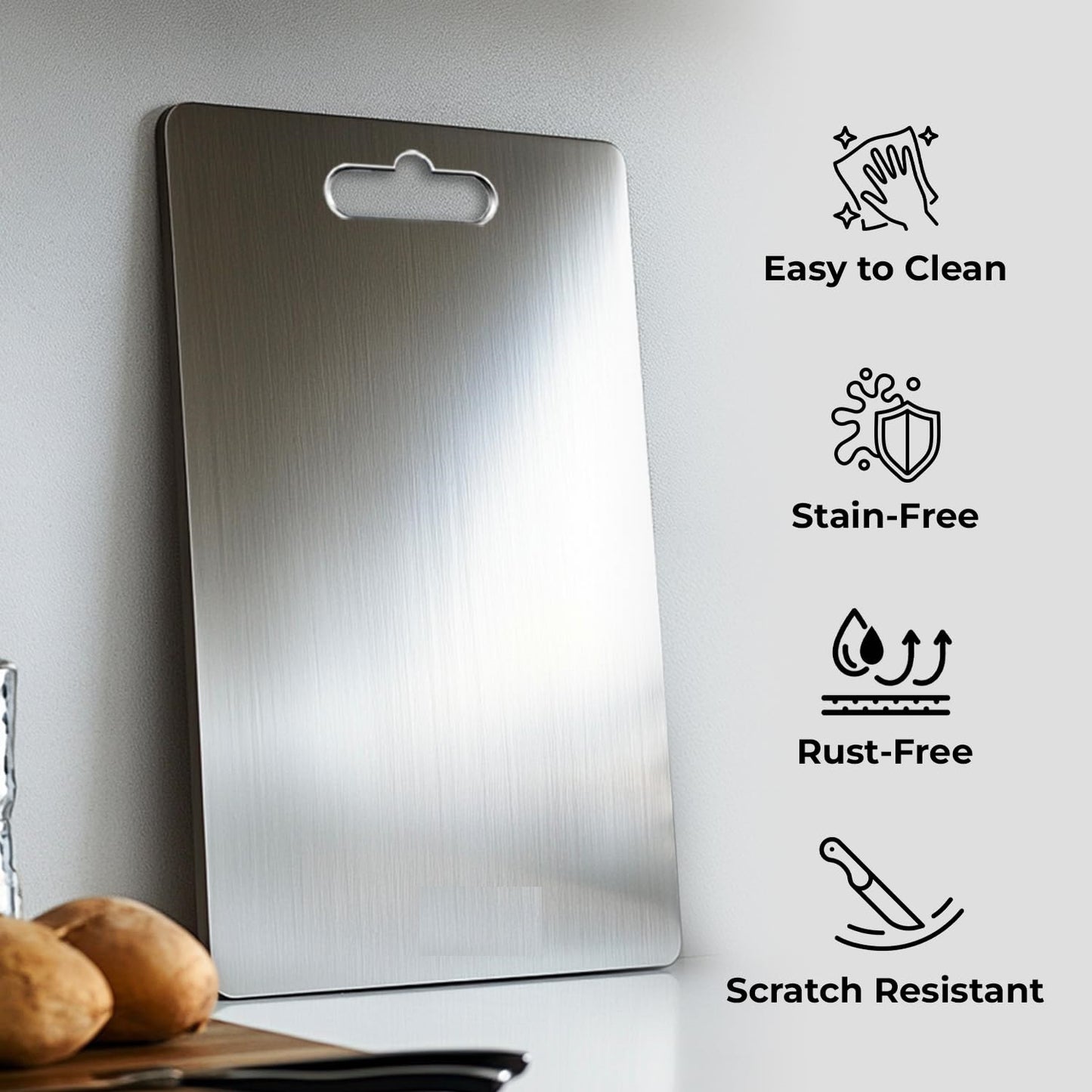 Embassy 304 Steel Chopping Board for Kitchen, Made by Tata Stainless Steel, Rust-Free Cutting Board, Non-Slip, Anti-Bacterial, Chef Approved, Ideal for Vegetables, Fruits, Meat