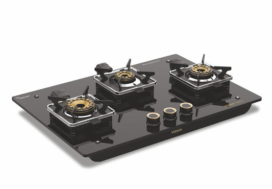 Vidiem Vogue 3-Burner Gas Cooktop/Hob | World's First Fully Removable Burner Assembly | 10Mm Toughened Glass | Hexa Flame Forged Brass Burners | 5Mm Thick Pan Support | Manual Ignition - Black