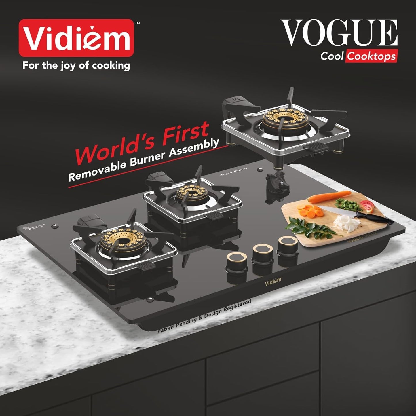 Vidiem Vogue 3-Burner Gas Cooktop/Hob | World's First Fully Removable Burner Assembly | 10Mm Toughened Glass | Hexa Flame Forged Brass Burners | 5Mm Thick Pan Support | Manual Ignition - Black