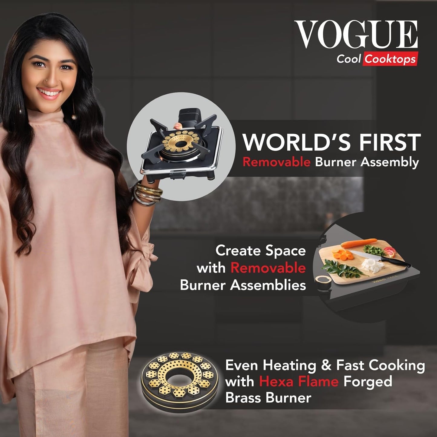 Vidiem Vogue 3-Burner Gas Cooktop/Hob | World's First Fully Removable Burner Assembly | 10Mm Toughened Glass | Hexa Flame Forged Brass Burners | 5Mm Thick Pan Support | Manual Ignition - Black