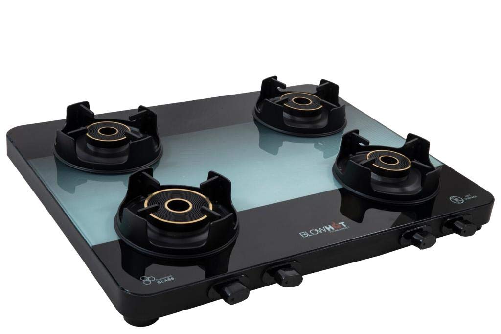 BLOWHOT Sapphire Manual 4 Burner Gas Stove | Toughened Glass Cooktop | Stainless Steel Frame