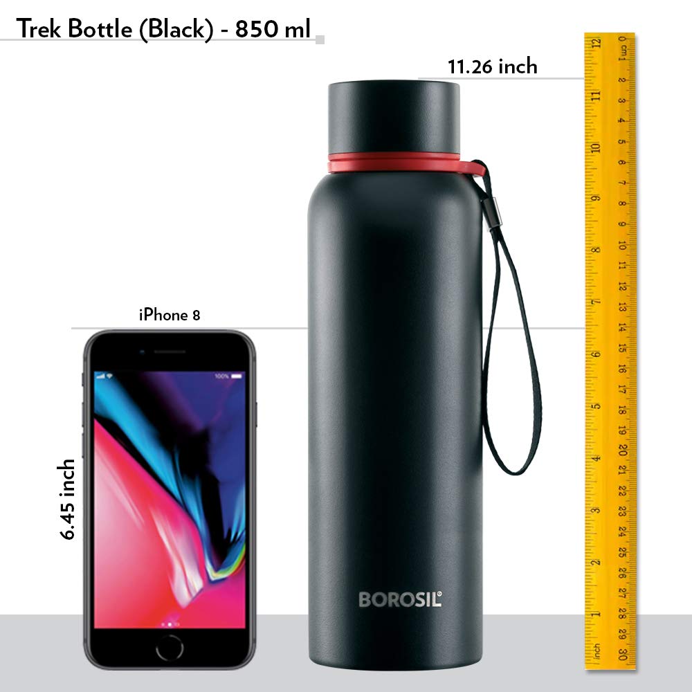 Borosil Stainless Steel Hydra Trek - Vacuum Insulated Flask Water Bottle, 850 ML, Black