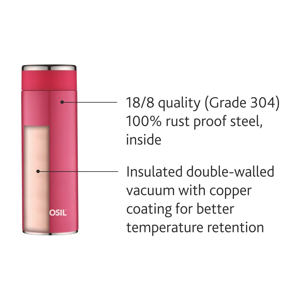 Borosil - Stainless Steel Hydra Travel smart - Vacuum Insulated Flask Water Bottle, 360 ML, Pink