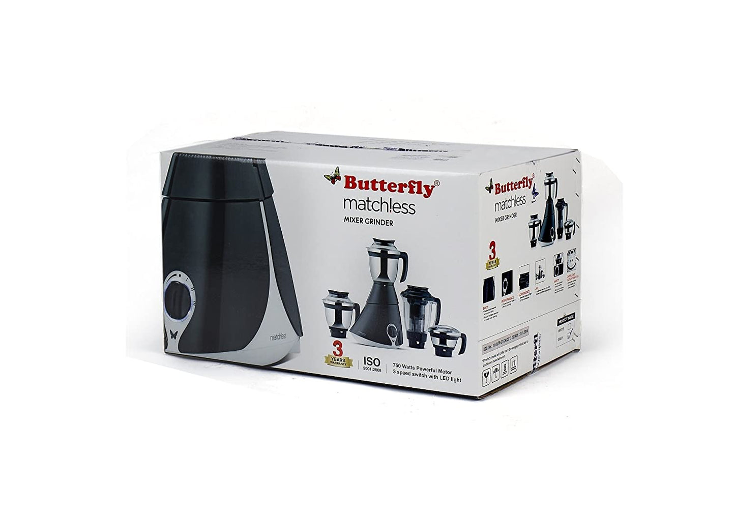 Butterfly Matchless 750-Watt Mixer Grinder with 4 Jars (Grey and White)