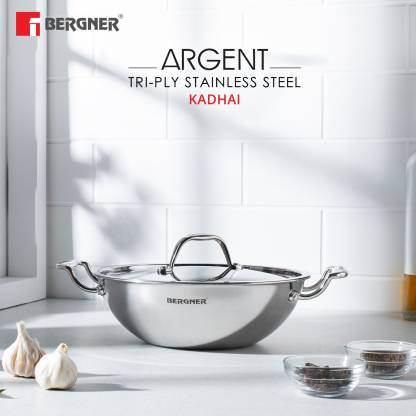 Bergner Argent Triply Stainless Steel Kadhai With Lid 18cm